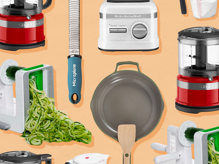 Collage of chef approved appliances and tools, including a Microplane grater, Always pan, KitchenAid food processor, and spiralizer.